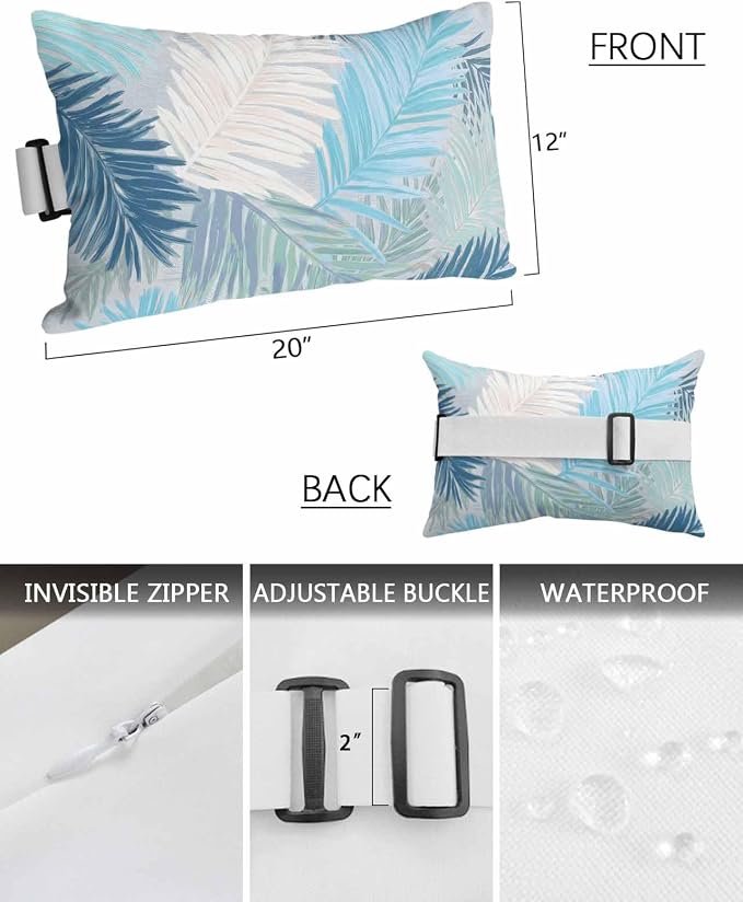 Outdoor Pillows Waterproof Covers Set of 2, Blue Palm Leaves Adjustable Elastic Chaise Lounge Head Resting Pillows, Tropical Leaf Plant Lumbar Pillow for Pool Beach Patio Furniture 20x12 Inch