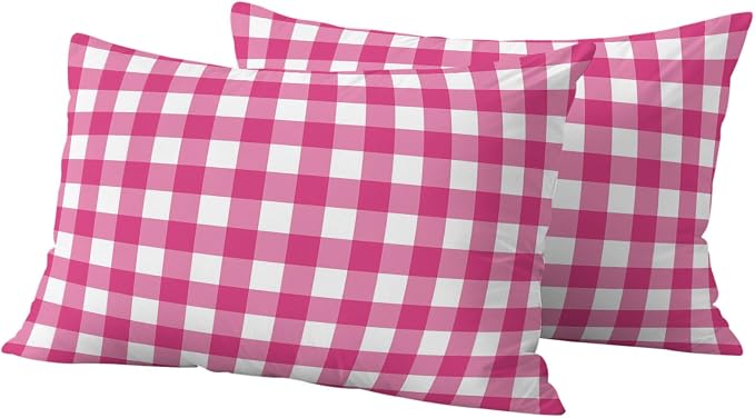 Hot Pink Checks Outdoor Pillow Covers 20"x12" Set of 2, Gingham Plaid Abstract Modern Minimalist Waterproof Throw Pillow Covers for Patio Furniture, Decorative Cushion Covers for Porch