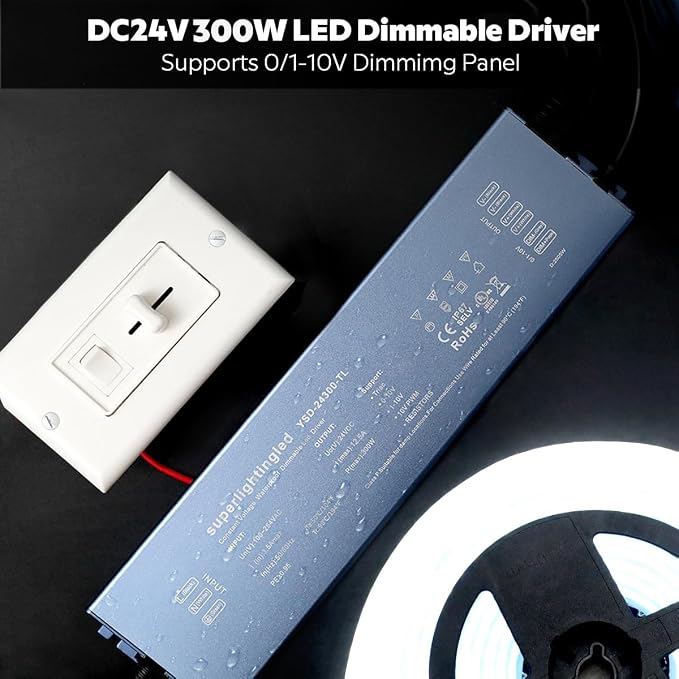 DC24V 300W UL-Listed 0/1-10V & TRIAC Dimmable LED Transformer Drive Waterproof IP67 Outdoor Power Supply for 24V DMX LED Wash Wall Lights(24V 300W 0-10V+Triac)