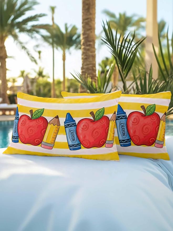 Outdoor Throw Pillow Set of 2, Children's Day Waterproof Pillow with Insert Included, Funny Cartoon Pencil Yellow Striped Decorative Accent Cushion Lumbar Pillows for Patio Porch, 12 x 20 in