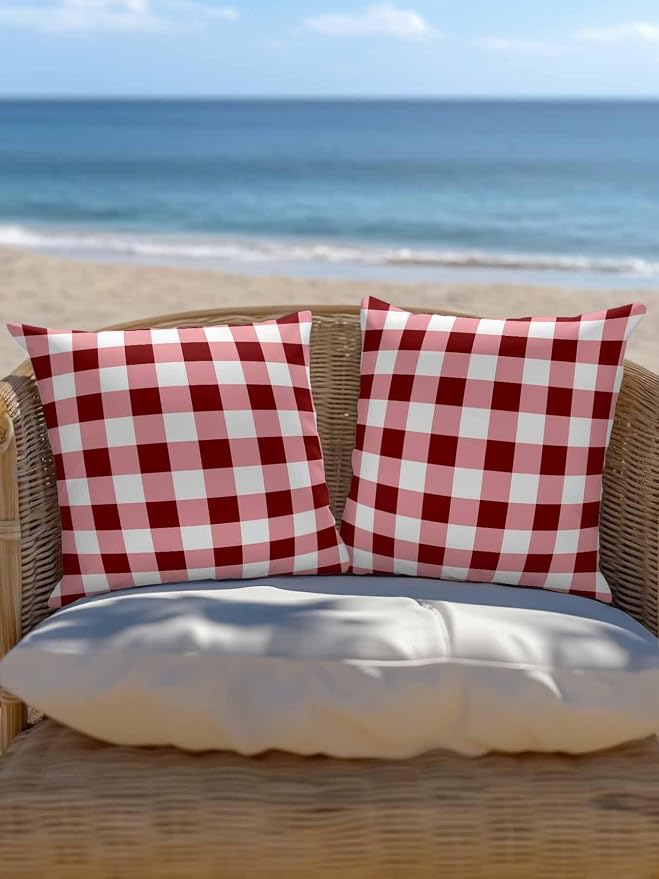 Waterproof Outdoor Pillow 1 Pack Red Check Buffalo Plaid Decorative Throw Pillows Cover & Insert 16x16 Inch Pillowcase Check Lines Square Pillows for Couch Sofa Bed Patio Furniture Indoor Outdoor