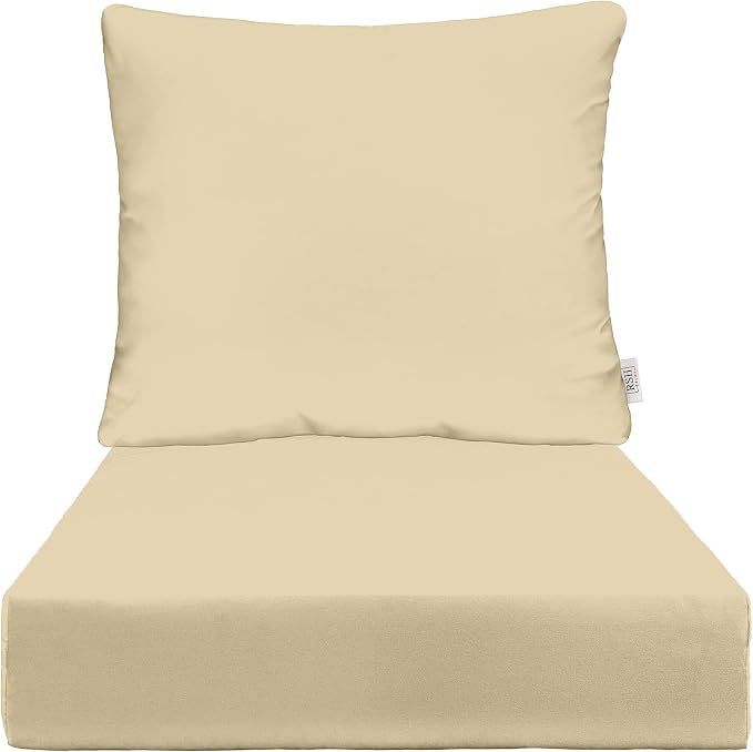 RSH DECOR Sunbrella Deep Seating Cushion with Pillow Back, 25”x25” Seat, Water & Fade-Resistant Performance Fabric, Outdoor Chair Cushion Set for Patio Furniture, Canvas Antique Beige - Made in USA