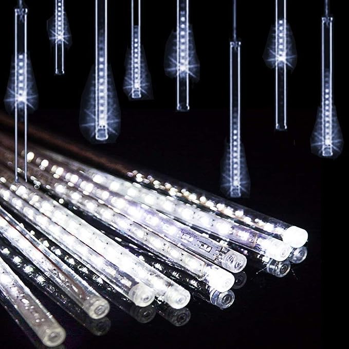 Weepong Christmas Lights Outdoor UL Certified Meteor Shower Lights 12 Inch 8 Tubes 192 LED Falling Rain Drop Icicle Snow Cascading Light for Xmas Tree Wedding Party Garden Decoration, White