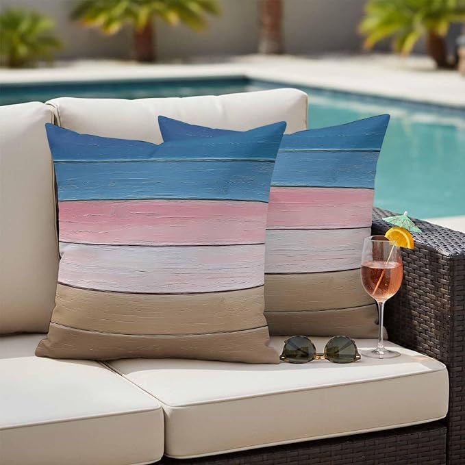 Pink Blue Brown Outdoor Pillow Covers 18x18 Inch Throw Pillow Covers Set of 2 Waterproof Decorative Pillow Cases Farmhouse Gradient Wooden Plank Art Cushion Covers for Patio Furniture Garden Couch