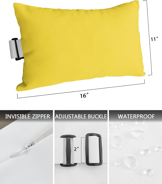 DecorLovee Yellow Outdoor Recliner Pillows for Head, Modern Pure Yellow Waterproof Chair Pillow with Elastic Stripe, Farmhouse Chaise Lounge Headrest Pillow for Patio/Beach/Pool 2Pack, 11"x16"