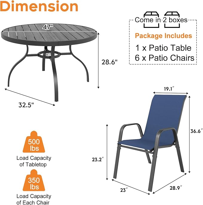 Outdoor Patio Dining Set for 6, 7 Pieces Patio Table and Chairs Set with Umbrella Hole, 47"x 47" Round Metal Wood-Grain Dining Table Set with 6 Stackable Patio Chairs for Deck , Backyard, Porch