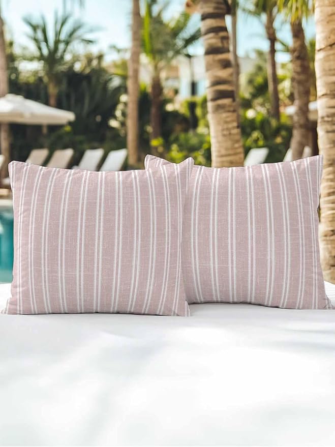 Waterproof Outdoor Pillow Set of 2 Red Linen Striped Decorative Throw Pillows Cover & Insert 16x16 Inch Pillowcase Vertical Stripes Lines Pillows for Couch Sofa Bed Patio Furniture Indoor Outdoor