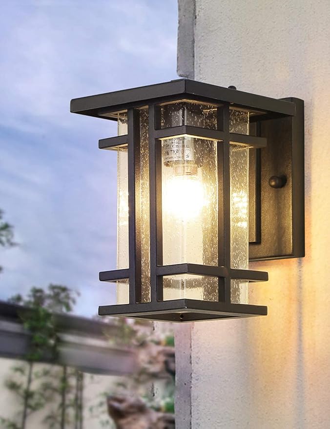Retro Outdoor Wall Light Small Outside Wall Lamp with Clear Seeded Glass Shade 10"H Exterior Light Fixtures Wall Mount IP65 Waterproof Outdoor Porch House Lighting Exterior Wall Lantern E26 Black