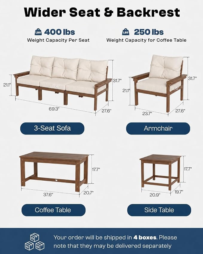 Beige HDPE Patio Sofa Set, 3-Piece Sectional Outdoor Patio Furniture Set, All Weather Outdoor Couch Set with Washable Thick Cushions for Lawn, Garden, Balcony, Deck, Porch, Yard