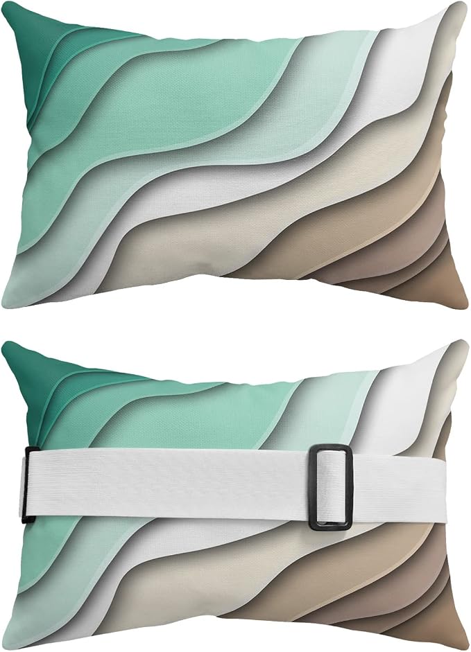 Geometric Ombre Lounge Pillows Outdoor, Aesthetic Green Brown White Gradient Abstract Head Pillows, Modern Waterproof Patio Furniture Lumbar Pillows with Adjustable Elastic Strap for Recliner Beach