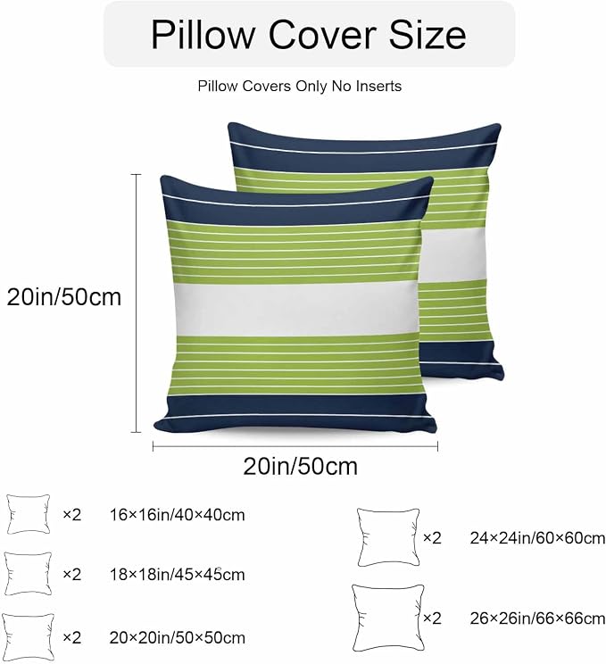 Navy Blue Green Stripe Outdoor Pillow Covers Waterproof, All Weather Cushion Case Set of 2, Modern Art Horizontal Striped Decorative Pillowcases for Sofa Couch Bed Decor Patio Furniture 16"x16"