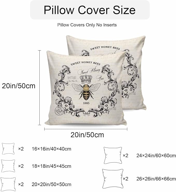 Vandarllin Outdoor Throw Pillows Covers 16x16 inch Set of 2 Waterproof Sweet Honey Bees Decorative Zippered Cushion Covers for Patio Furniture, Floral Crown Wreath Vintage Lumbar Pillowcases