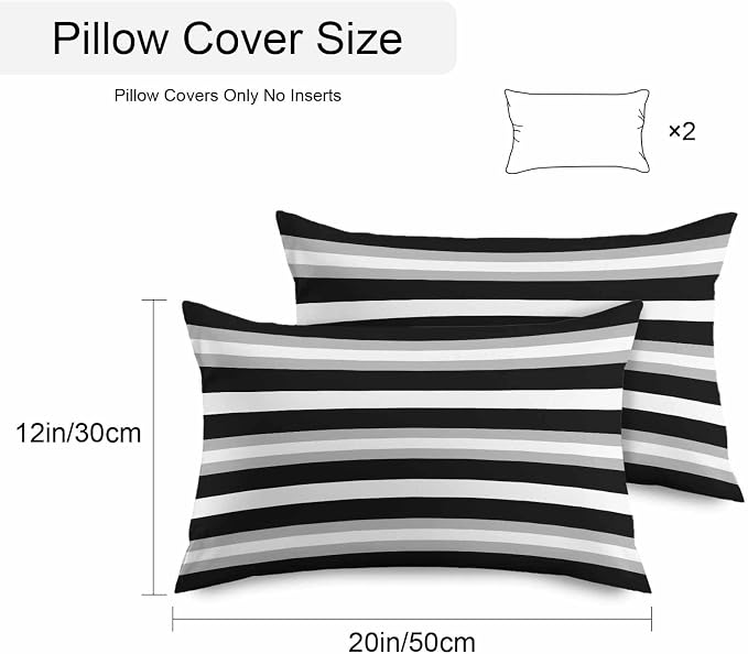 Black Grey Stripe Outdoor Pillow Covers Waterproof, All Weather Cushion Case Set of 2, Minimalist Farmhouse Striped Lumbar Pillowcase for Sofa Couch Bed Decor Patio Furniture 20"x12"