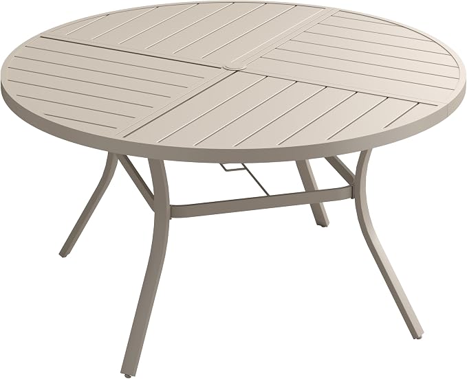 VICLLAX 53" Round Patio Dining Table for 6-8, All Weather Metal Outdoor Table with 1.57" Umbrella Hole and Surdy Frame for Garden Lawn Deck, Sandshell