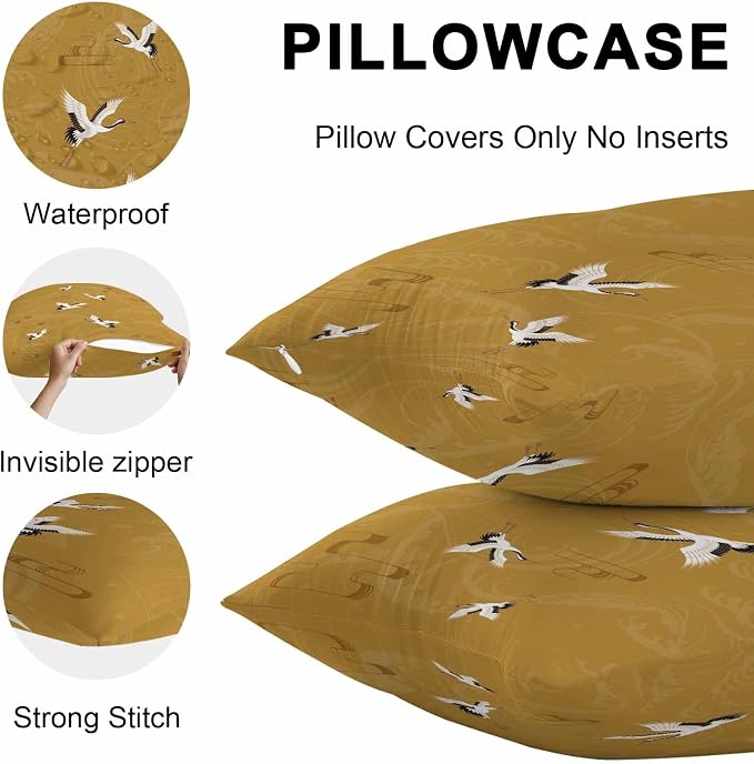 Japanese Style Outdoor Pillow Covers 26x26 Inch Throw Pillow Covers Set of 2 Waterproof Decorative Pillow Cases Vintage Art Cranes Ocean Wave Yellow Cushion Covers for Patio Furniture Garden Couch
