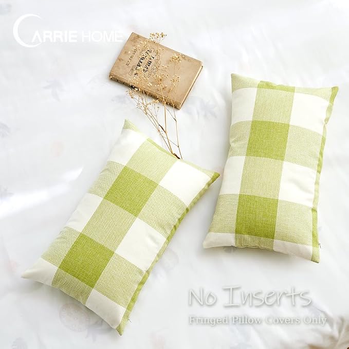 CARRIE HOME Spring Green Outdoor Lumbar Pillows 12 x 20 Set of 2, Spring Porch Decor Green Plaid Pillow Covers 12x20, Sage Gingham Pillow Covers for Patio Furniture (No Pillow Inserts)