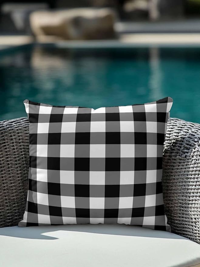 Waterproof Outdoor Pillow 1 Pack Black Buffalo Plaid Decorative Throw Pillows Cover & Insert 18x18 Inch Pillowcase Check Lines Square Pillows for Couch Sofa Bed Patio Furniture Indoor Outdoor