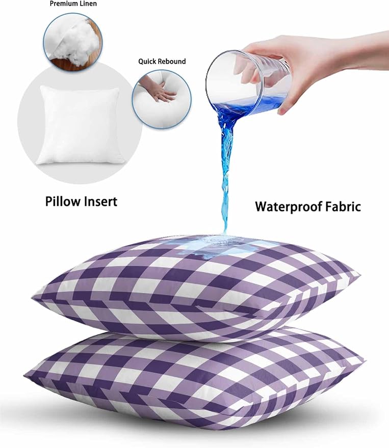 Waterproof Outdoor Pillow Set of 2 Purple Buffalo Plaid Decorative Throw Pillows Cover & Insert 16x16 Inch Pillowcase Check Lines Square Pillows for Couch Sofa Bed Patio Furniture Indoor Outdoor