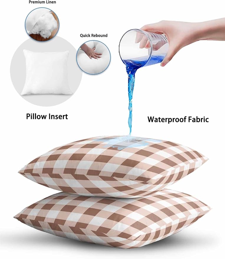 Waterproof Outdoor Pillow 1 Pack Brown Buffalo Plaid Decorative Throw Pillows Cover & Insert 20x12 Inch Lumbar Pillowcase Check Lines Pillows for Couch Sofa Bed Patio Furniture Indoor Outdoor