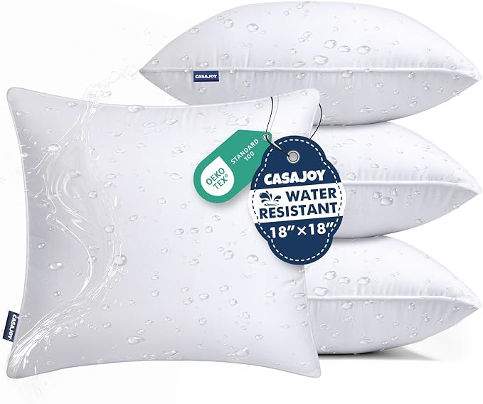 Outdoor Pillows 18x18 Set of 4 Water Resistant Throw Pillow Inserts | Square Waterproof Pillows, Convenient Zipper Design, Fluffy & Supportive, Decorative Pillow for Patio Porch & Couch