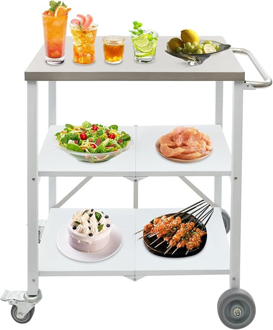 Foldable Outdoor Grill Table with 2 Total Lock Casters, Stainless Steel Pizza Oven Stand, 3 Shelf Folding Kitchen Island, Green, 27.6 x 18.5 (Silver, White, Grey)