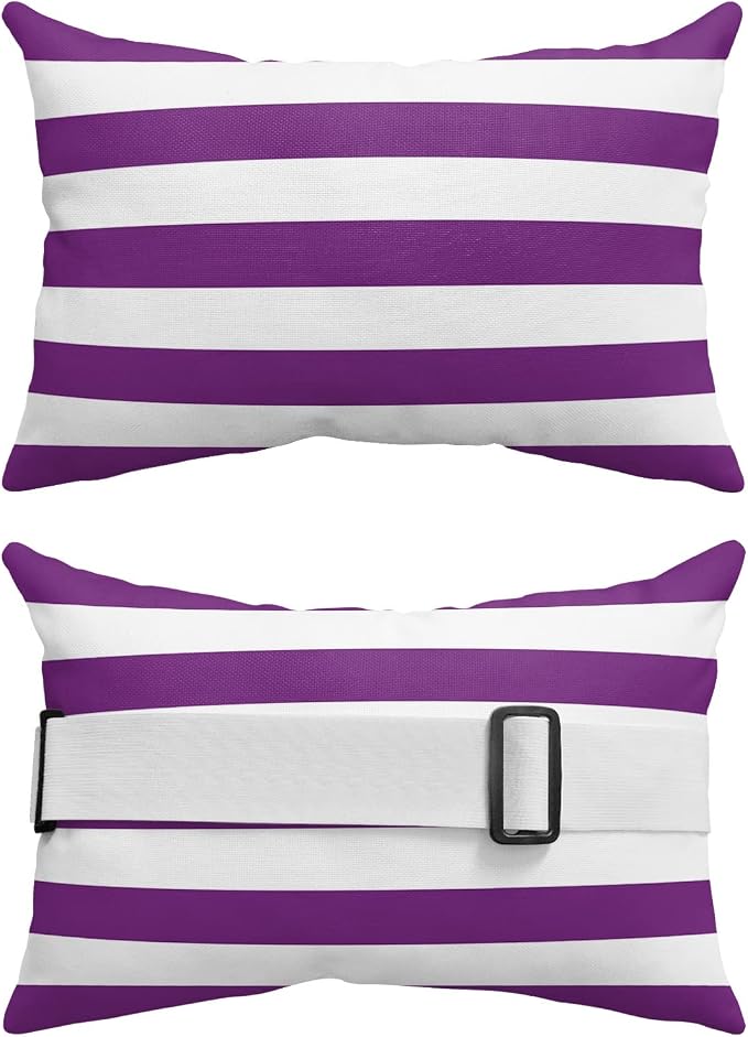 T&H XHome Outdoor Pillow for Chaise Lounge Chair, Purple White Stripe Waterproof Headrest Pillow Lumbar Pillows with Adjustable Elastic Strap for Beach, Poolside, Patio, Office (1 Pack)