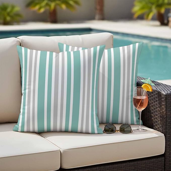 Aqua Grey Stripe Outdoor Pillow Covers 18x18 Inch Throw Pillow Covers Set of 2 Waterproof Decorative Pillow Cases Farmhouse Minimalist Striped Cushion Covers for Patio Furniture Garden Couch Sofa