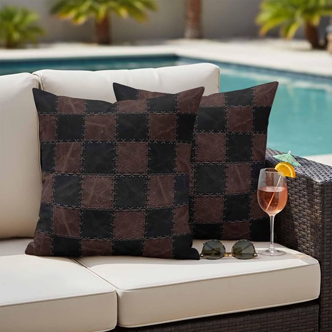 Black Brown Checkered Outdoor Pillow Covers 16x16 Inch Throw Pillow Covers Set of 2 Waterproof Decorative Pillow Cases Modern Farmhouse Plaid Wooden Cushion Covers for Patio Furniture Garden Couch