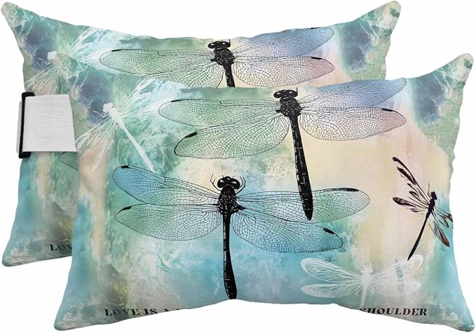 Pack of 2 Outdoor Lumbar Pillow Covers 12x20 Inch, Turquoise Ombre Dragonfly Waterproof Throw Pillow Covers Set, Abstract Modern Art Gradient Indoor&Outdoor Cushion Cases for Patio Porch Beach