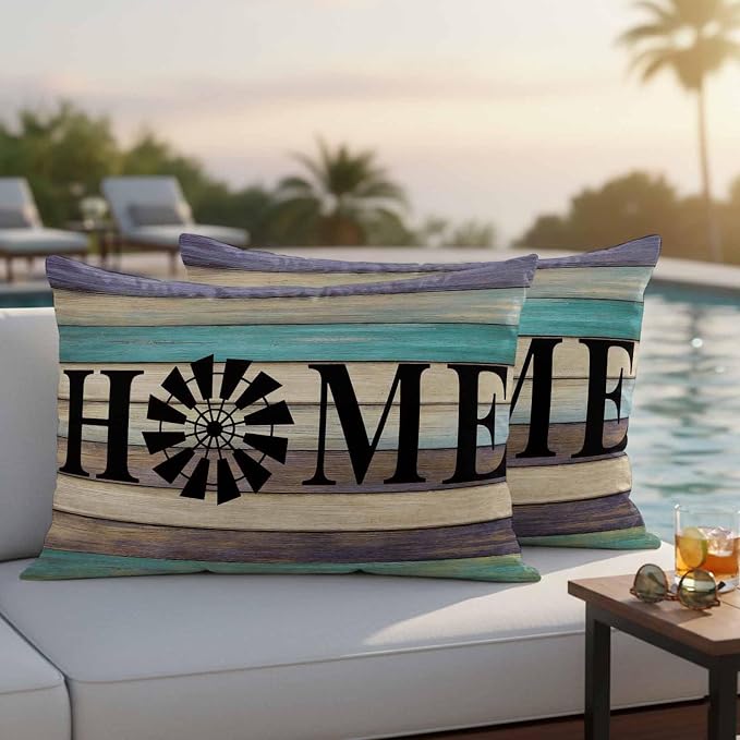 Outdoor Pillow Covers Set of 2, Farm Home Windmill Decorative Throw Pillow Covers 20X12IN, Farmhouse Vintage Wood Board Throw Pillows Protector Cushion Case for Patio,Couch,Sofa,Garden