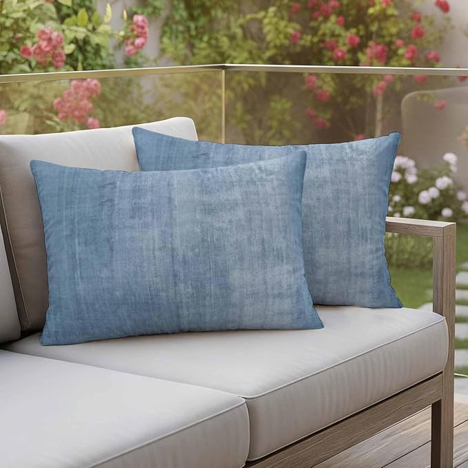 Vandarllin Outdoor Throw Pillows Covers 20x12 inch Set of 2 Waterproof Blue Linen Decorative Zippered Cushion Covers for Patio Furniture, Solid Color Texture Lumbar Pillowcases