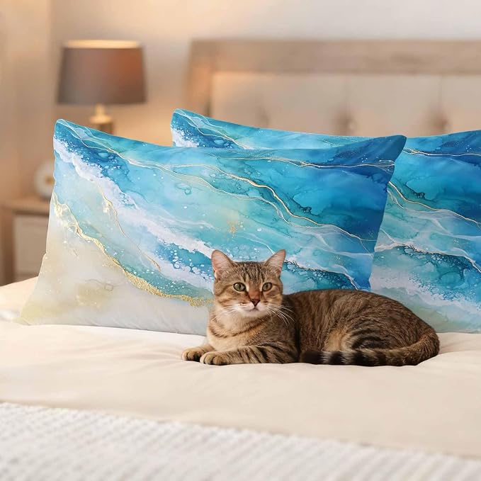Abstract Waves Outdoor Waterproof Throw Pillow Covers Set of 2, 20"x12", Surrealism Spray Beach Ocean Watercolor Decorative Pillow Covers Outside Cushion Case for Patio Porch Garden