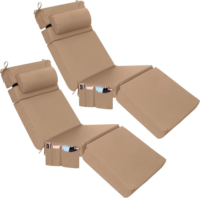 RattanView 2 Pcs Outdoor Chaise Lounge Cushion with Pillow and Side Pockets Waterproof Lounge Chair Cushions for Outdoor Furniture Patio Lounger Pad for Outside Pool Lawn (Brown,72 x 21 x 4)