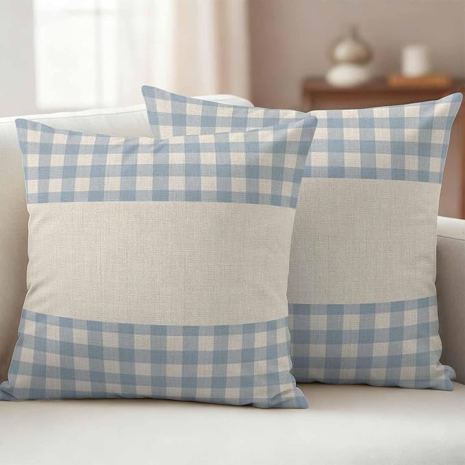 Retro Blue Outdoor Waterproof Pillow Covers, Farmhouse Buffalo Plaid Vintage Beige Decorative Square Throw Pillowcase Sofa Cushion Sham for Patio/Couch/Chair, 26"x26" 2 Pack