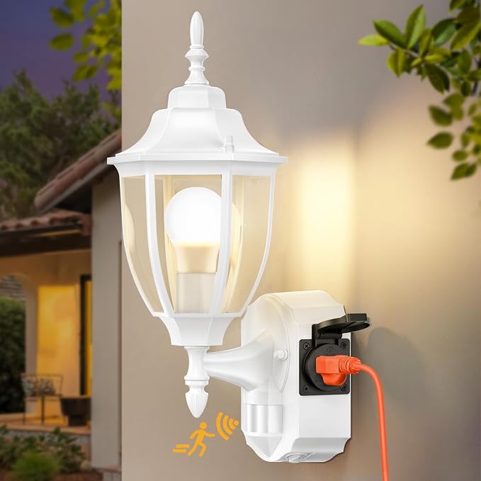 Porch Light with Outlet, Motion Sensor Outdoor Lights, Updated Dusk to Dawn Exterior Lighting Fixtures, Waterproof Anti-Rust Aluminum Outside Lights for House Entryway Garage, White