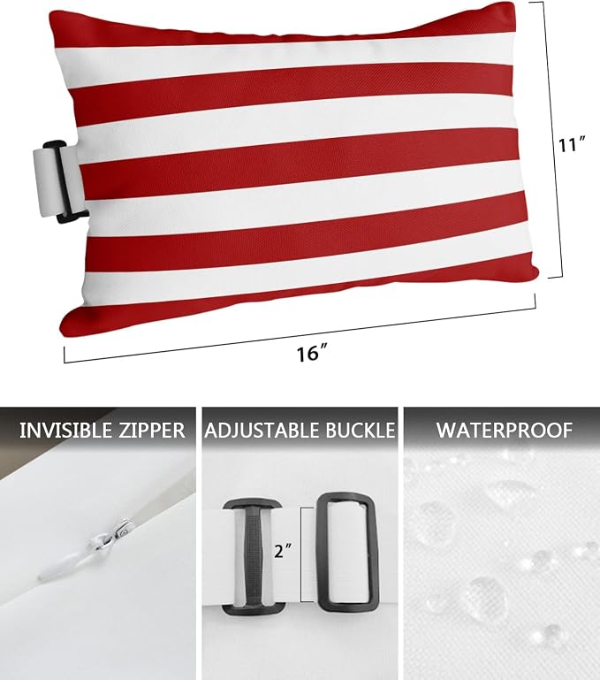 T&H XHome Outdoor Pillow for Chaise Lounge Chair, Red and White Stripe Waterproof Headrest Pillow Lumbar Pillows with Adjustable Elastic Strap for Beach, Poolside, Patio, Office (2 Pack)