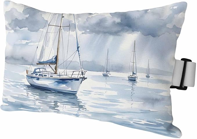Outdoor Lumbar Pillow Set of 1, Nautical Sailboat Waterproof Beach Headrest Pillow with Inserts, Blue Grey Watercolor Coastal Waves Cloud Recliner Throw Pillows for Patio Furniture, 11 x 16