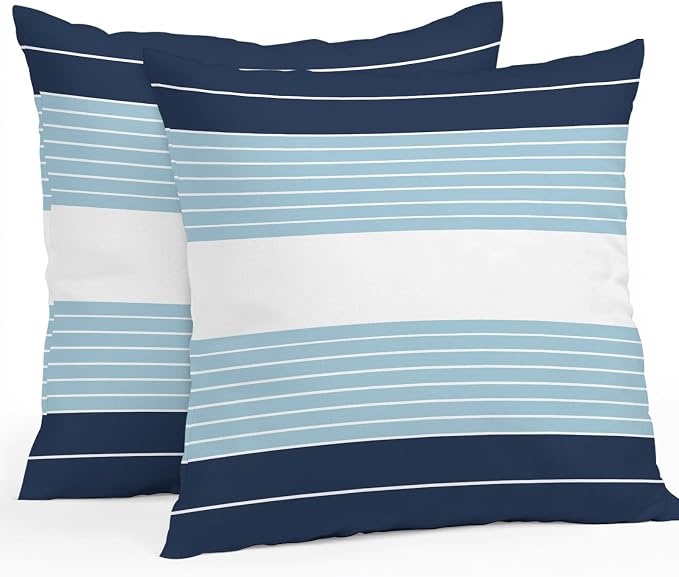 Navy Blue Aqua Stripe Outdoor Pillow Covers Waterproof, All Weather Cushion Case Set of 2, Modern Art Horizontal Striped Decorative Pillowcases for Sofa Couch Bed Decor Patio Furniture 18"x18"