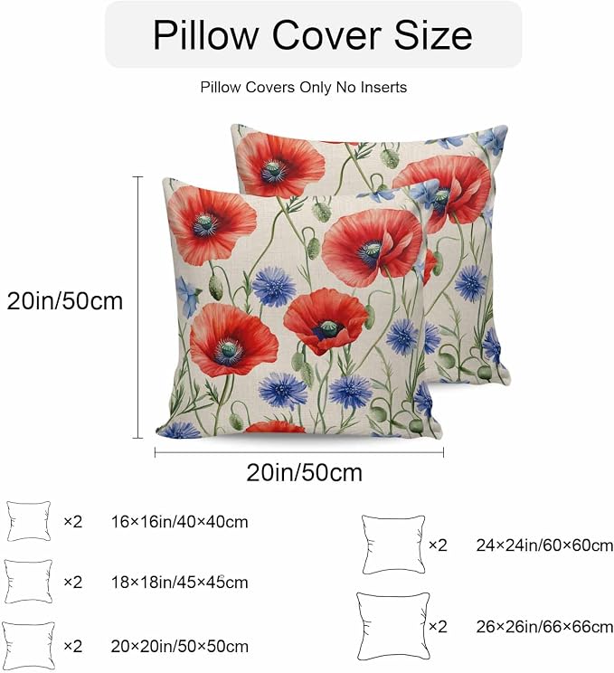 Red Blue Flowers Waterproof Outdoor Pillow Covers Set of 2 Home Decor, Patriotic Poppy Floral Summer Country Pillowcase Patio Pillow Covers for Couch Bench Furniture Garden 16x16in