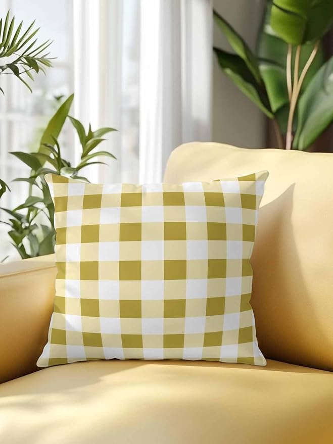 Waterproof Outdoor Pillow 1 Pack Buffalo Plaid Decorative Throw Pillows Cover & Insert 16x16 Inch Pillowcase Yellow Check Lines Square Pillows for Couch Sofa Bed Patio Furniture Indoor Outdoor