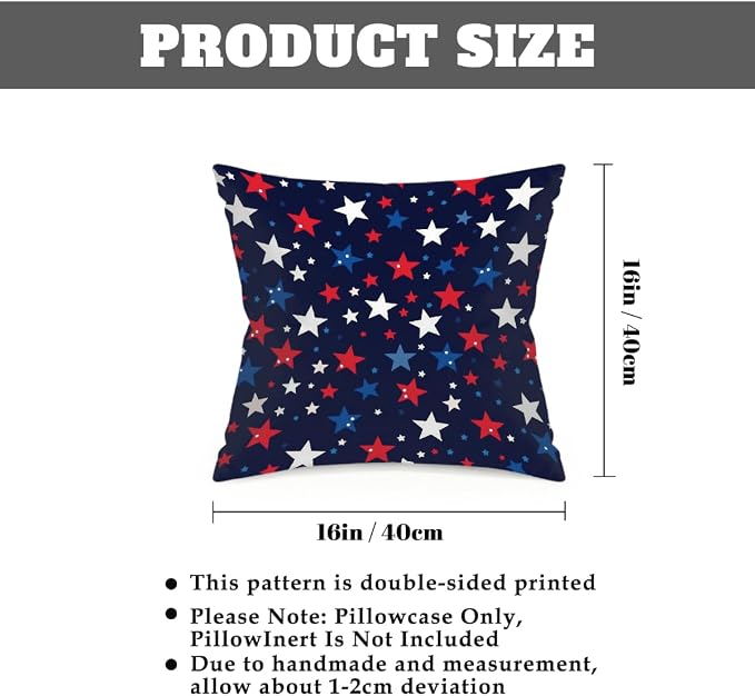 16x16 Inch Outdoor Pillow Covers Set of 2 Waterproof Throw Pillow Covers Decorative Couch Cushion Covers White Blue Red Stars Square Pillowcases Protectors for Patio Garden Sofa