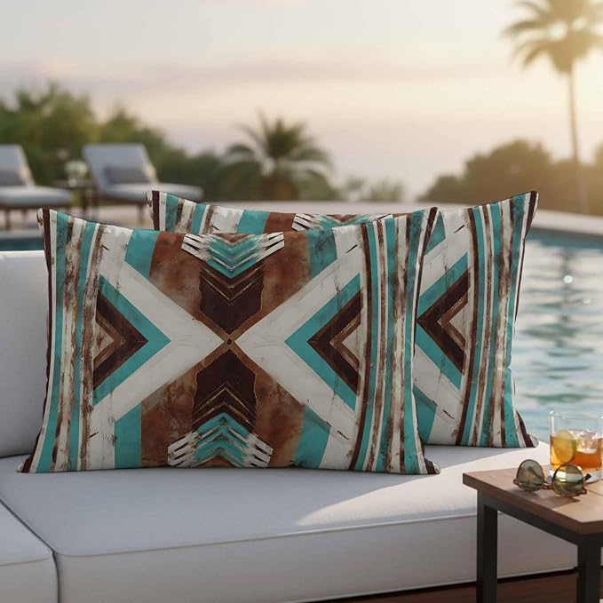 Aztec Southwestern Outdoor Pillow Covers 20"x12" Set of 2, Vintage Abstract Brown Turquoise Diamond Waterproof Throw Pillow Covers for Patio Furniture, Decorative Cushion Covers for Porch