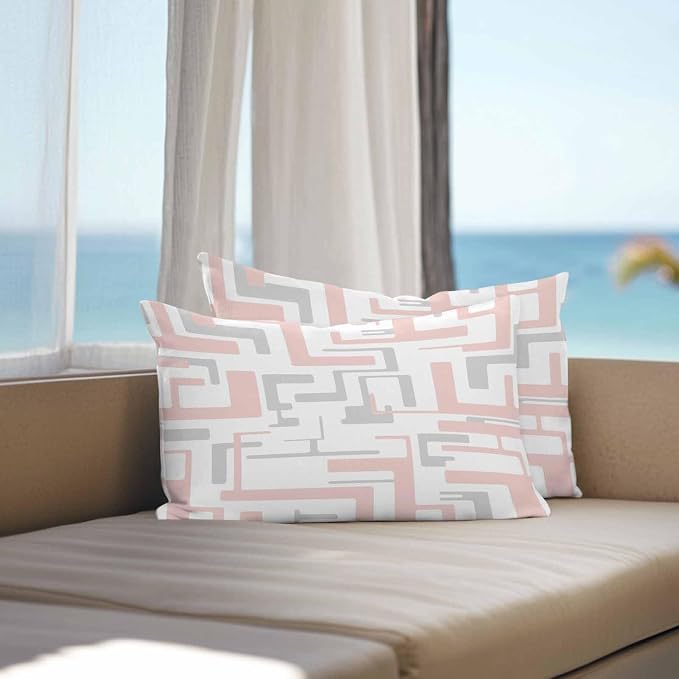 Vandarllin Outdoor Throw Pillows Covers 20x12 inch Set of 2 Waterproof Pink Geometric Stripes Decorative Zippered Cushion Covers for Patio Furniture, Modern Abstract Lines Lumbar Pillowcases