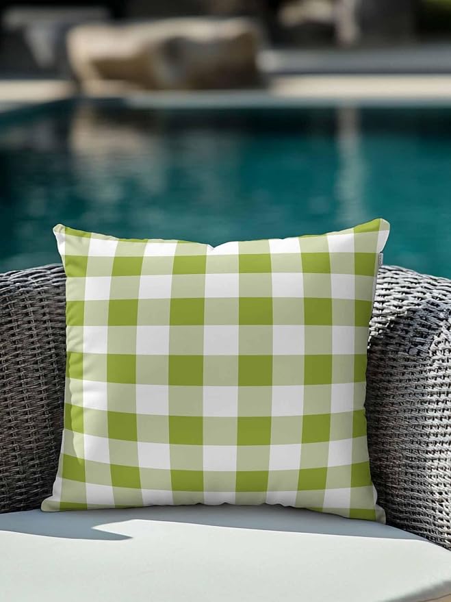Waterproof Outdoor Pillow 1 Pack Avocado Green Buffalo Plaid Decorative Throw Pillows Cover & Insert 16x16 Inch Pillowcase Check Lines Square Pillows for Couch Sofa Bed Patio Furniture Indoor Outdoor