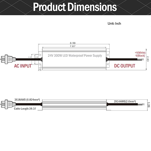 24V 300W UL Listed LED Power Supply with 3.28ft US Standard Plug Wire | Waterproof IP67 Low Voltage Transformer, 100V-130V AC to 24V DC Converter, for DC24V LED Lighting Products