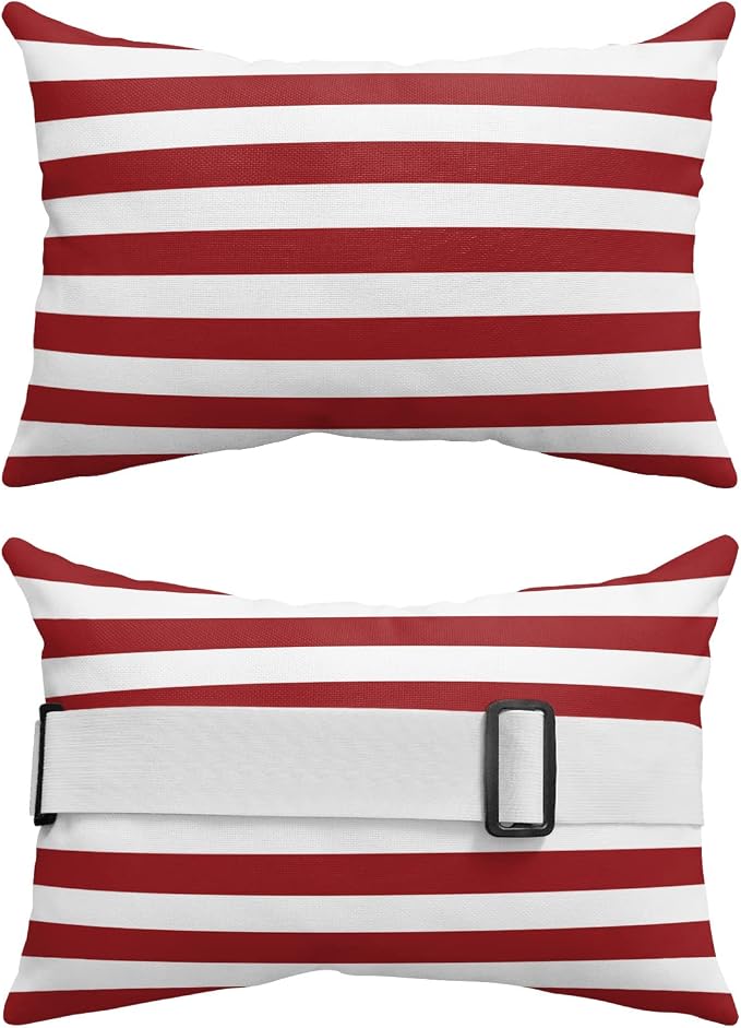 T&H XHome Outdoor Pillow for Chaise Lounge Chair, Christmas Red and White Stripe Waterproof Headrest Pillow Lumbar Pillows with Adjustable Elastic Strap for Beach, Poolside, Patio, Office (2 Pack)