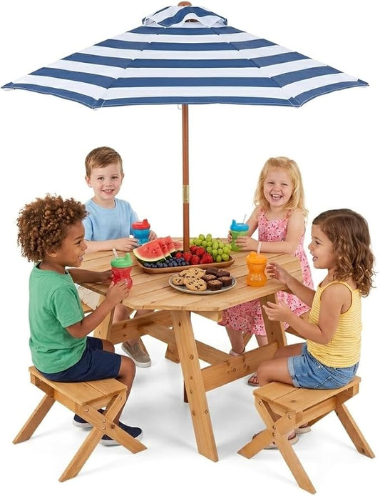 Costzon Kids Picnic Table, Fir Wood Octagon Kids Table and Chair Set with Removable Umbrella, Toddler Activity Table for Backyard, Garden, Patio, Kids Outdoor Furniture for Boys Girls (Natural)