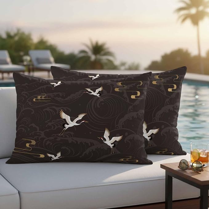 Japanese Style Outdoor Pillow Covers 20x12 Inch Lumbar Pillow Covers Set of 2 Waterproof Decorative Throw Pillow Cases Vintage Cranes Ocean Wave Black Grey Cushion Covers for Patio Furniture Garden