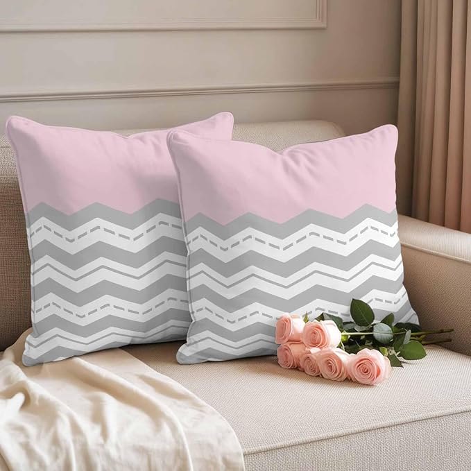 Grey Chevron Waterproof Outdoor Pillow Covers Set of 2 Home Decor, Geometric Pink Print Wavy Striped White Pillowcase Patio Pillow Covers for Couch Bench Furniture Garden 16x16in