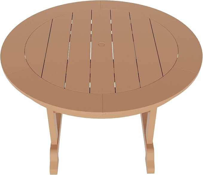 WestinTrends Malibu Patio Dining Table, All Weather Poly Lumber Adirondack 47" Trestle Round Outdoor Table with Umbrella Hole, Teak